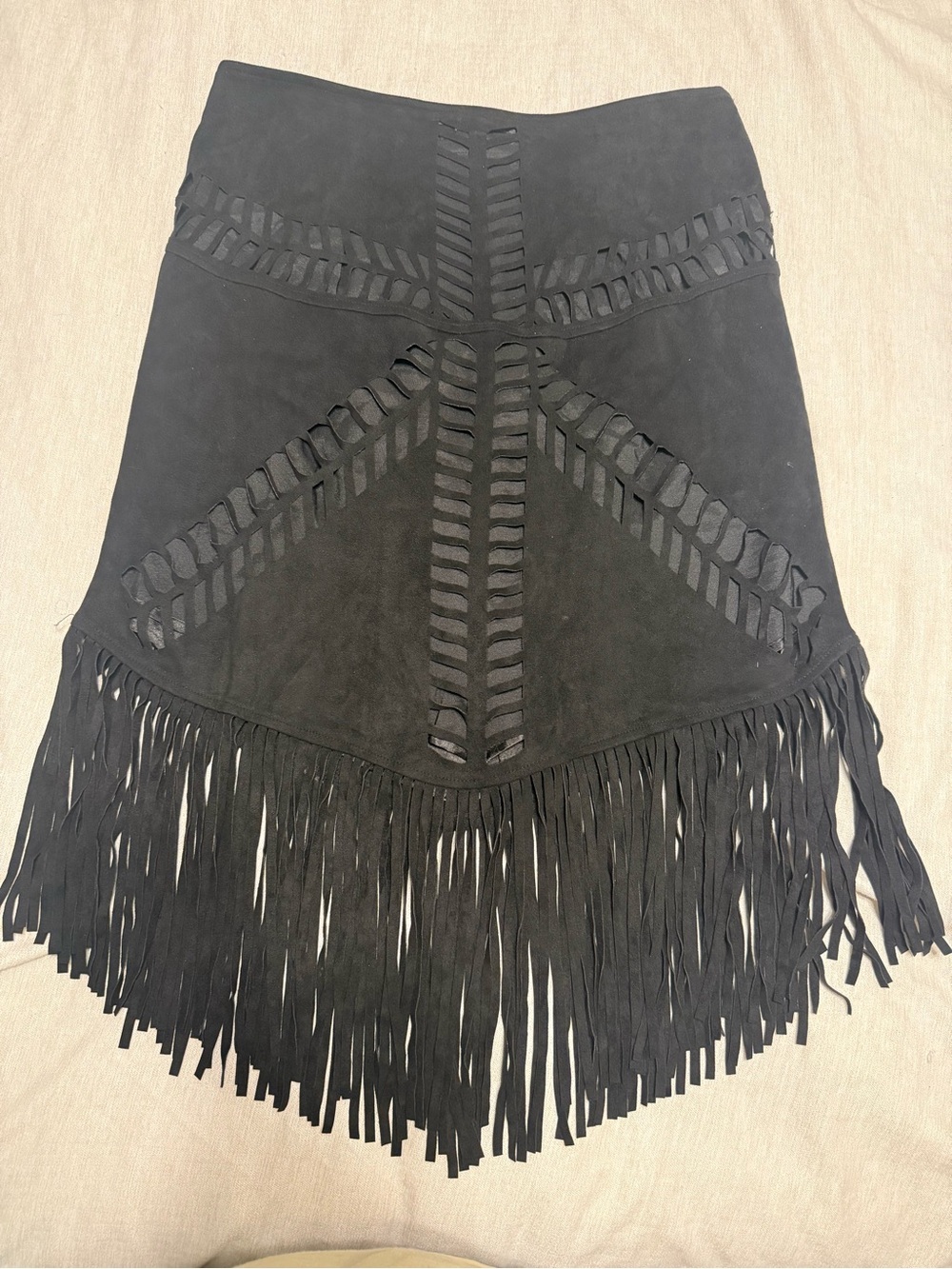 Black Fringe Suede Mini Skirt with Ladder Stitch Detail